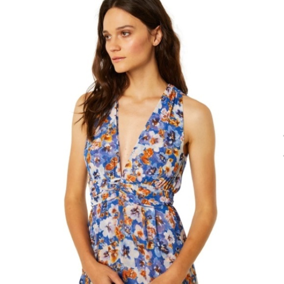 MISA Dominika Maxi Dress XS  Blue Pansy Floral Flowy Plunging Neckline Feminine - Picture 3 of 16